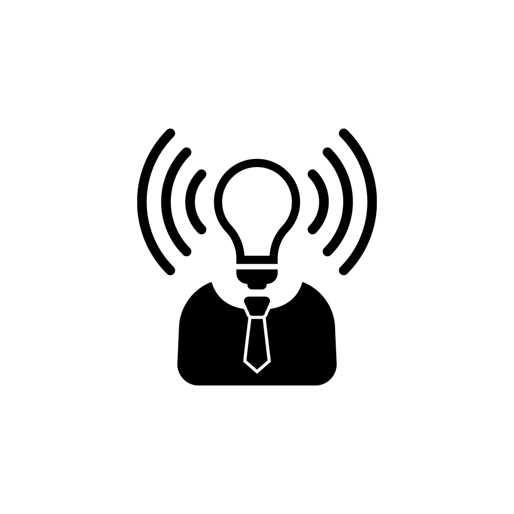 black and white icon of light bulb with a suit and tie