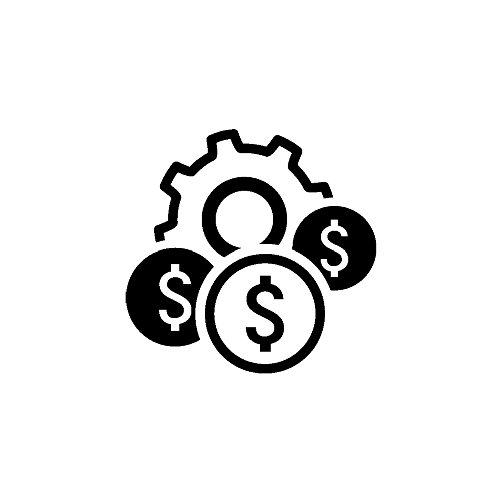 a black and white gear with three coins with a dollar sign inside the coins icon