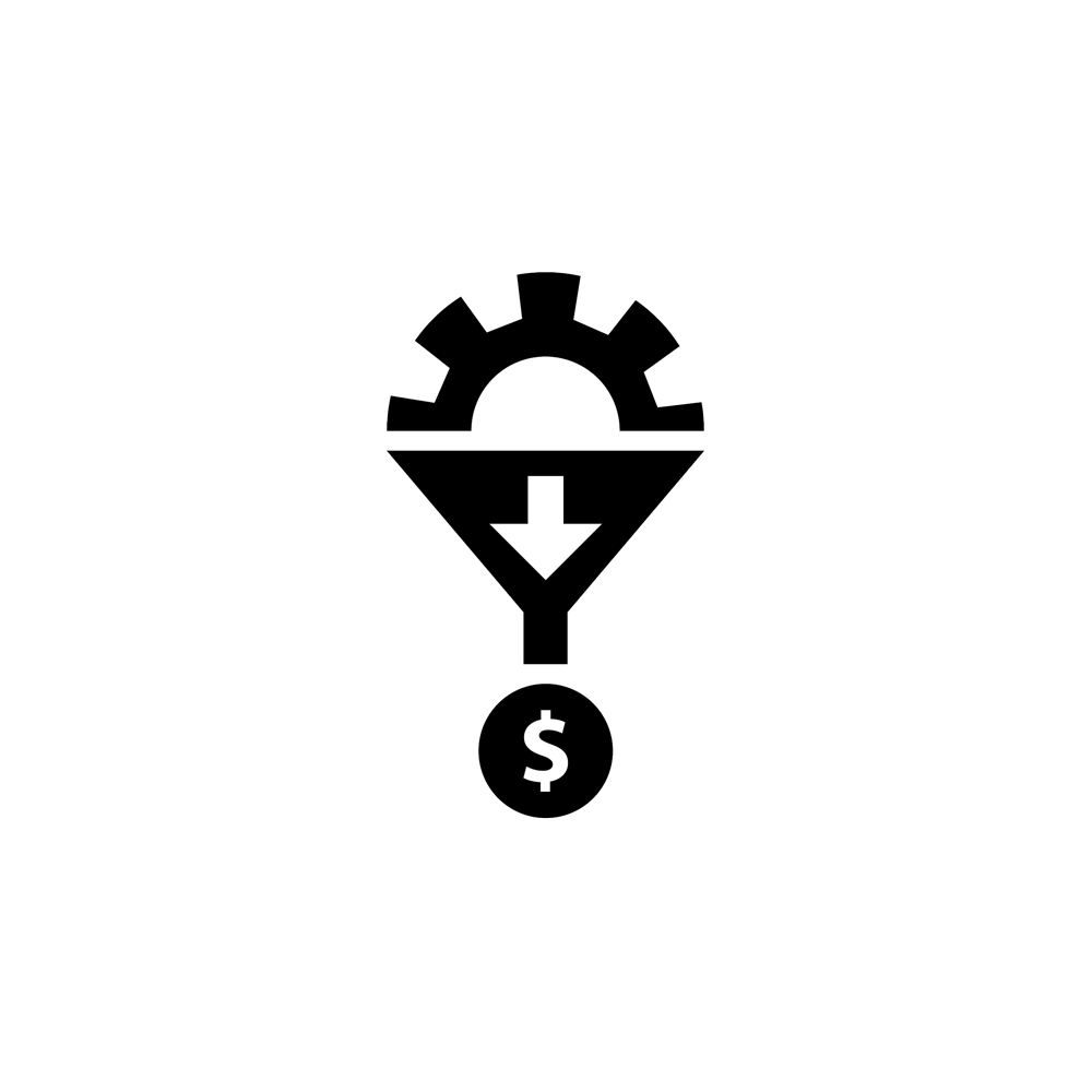 black and white image with half gear on top of an upside triangle with a dollar sign inside a coin at the tip